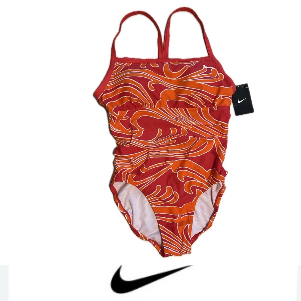 🆕Sz 8/Med RACERBACK NIKE Swimsuit Abstract Orange/White/Red—Removable Padding